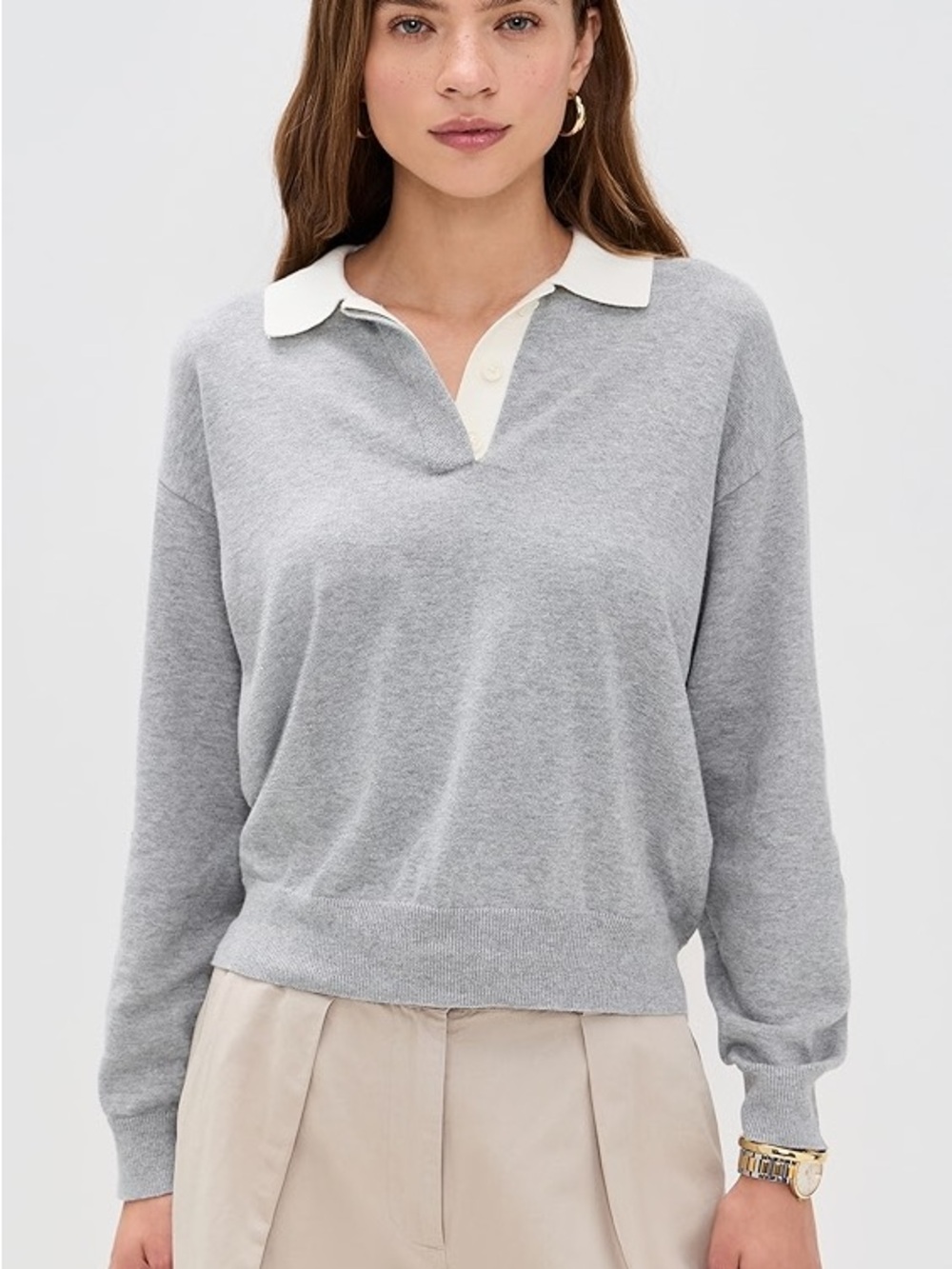 Alex Mill Angelina V‑Neck Gray Sweater with Ivory Polo Collar